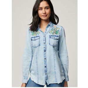 Overland Myra Embroidered Floral Western Snap Button Shirt Top